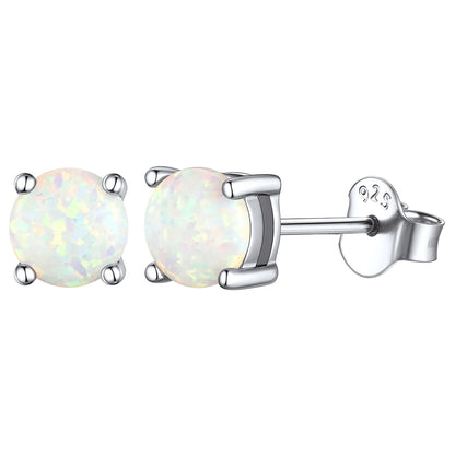 5Mm Created White Opal Stud Earrings Hypoallergenic Sterling Silver round Cut Earrings for Women October Birthstone Jewelry